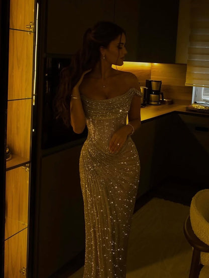 Luxury Diamond Gold Beaded Mermaid Evening Dress LA73461