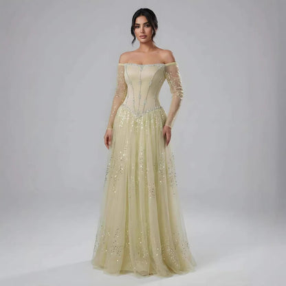 Luxuriöses arabisch-blaues schulterfreies A-Linien-Abendkleid mit Perlenbesatz und Ärmeln LA73464