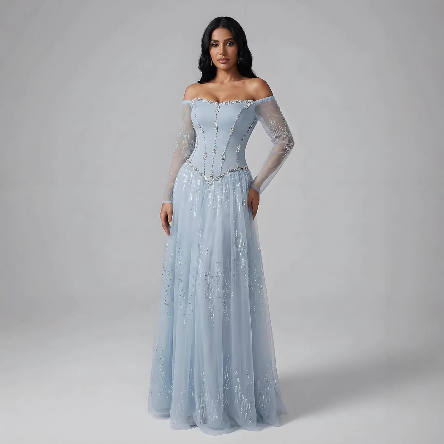 Luxuriöses arabisch-blaues schulterfreies A-Linien-Abendkleid mit Perlenbesatz und Ärmeln LA73464