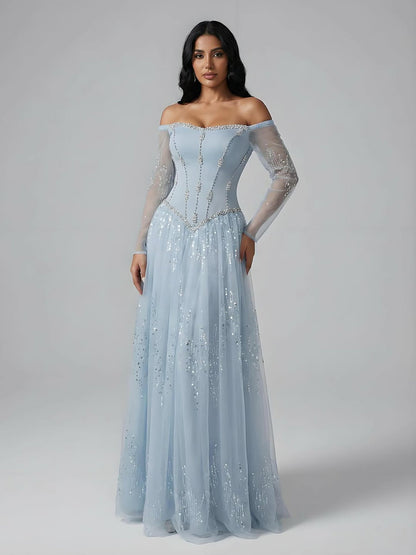 Luxuriöses arabisch-blaues schulterfreies A-Linien-Abendkleid mit Perlenbesatz und Ärmeln LA73464