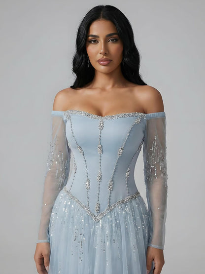 Luxuriöses arabisch-blaues schulterfreies A-Linien-Abendkleid mit Perlenbesatz und Ärmeln LA73464