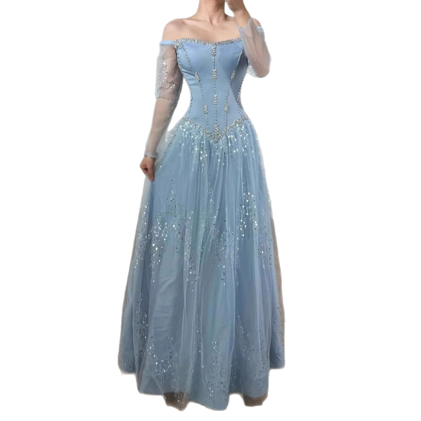 Luxuriöses arabisch-blaues schulterfreies A-Linien-Abendkleid mit Perlenbesatz und Ärmeln LA73464