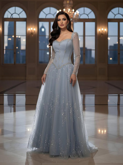 Luxury Blue Crystal Beaded A Line Evening Dress With Long Sleeves LA73464A