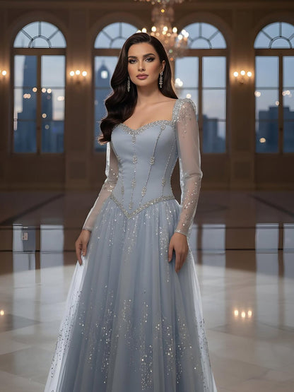 Luxury Blue Crystal Beaded A Line Evening Dress With Long Sleeves LA73464A