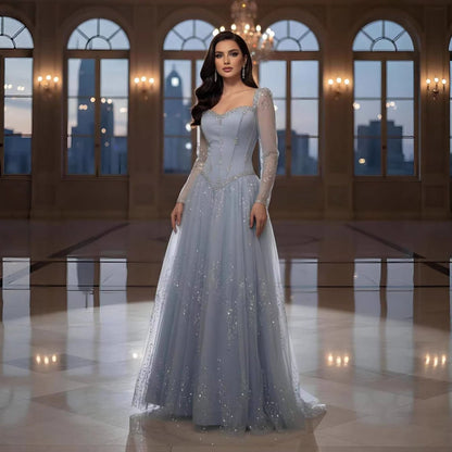 Luxury Blue Crystal Beaded A Line Evening Dress With Long Sleeves LA73464A