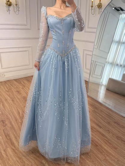 Luxury Blue Crystal Beaded A Line Evening Dress With Long Sleeves LA73464A