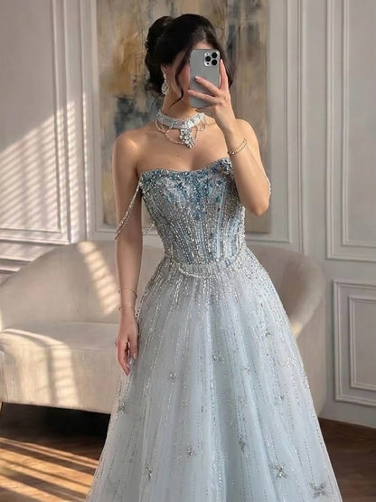 Luxury Lilac Beaded Off Shoulder A Line Evening Dress LA73465
