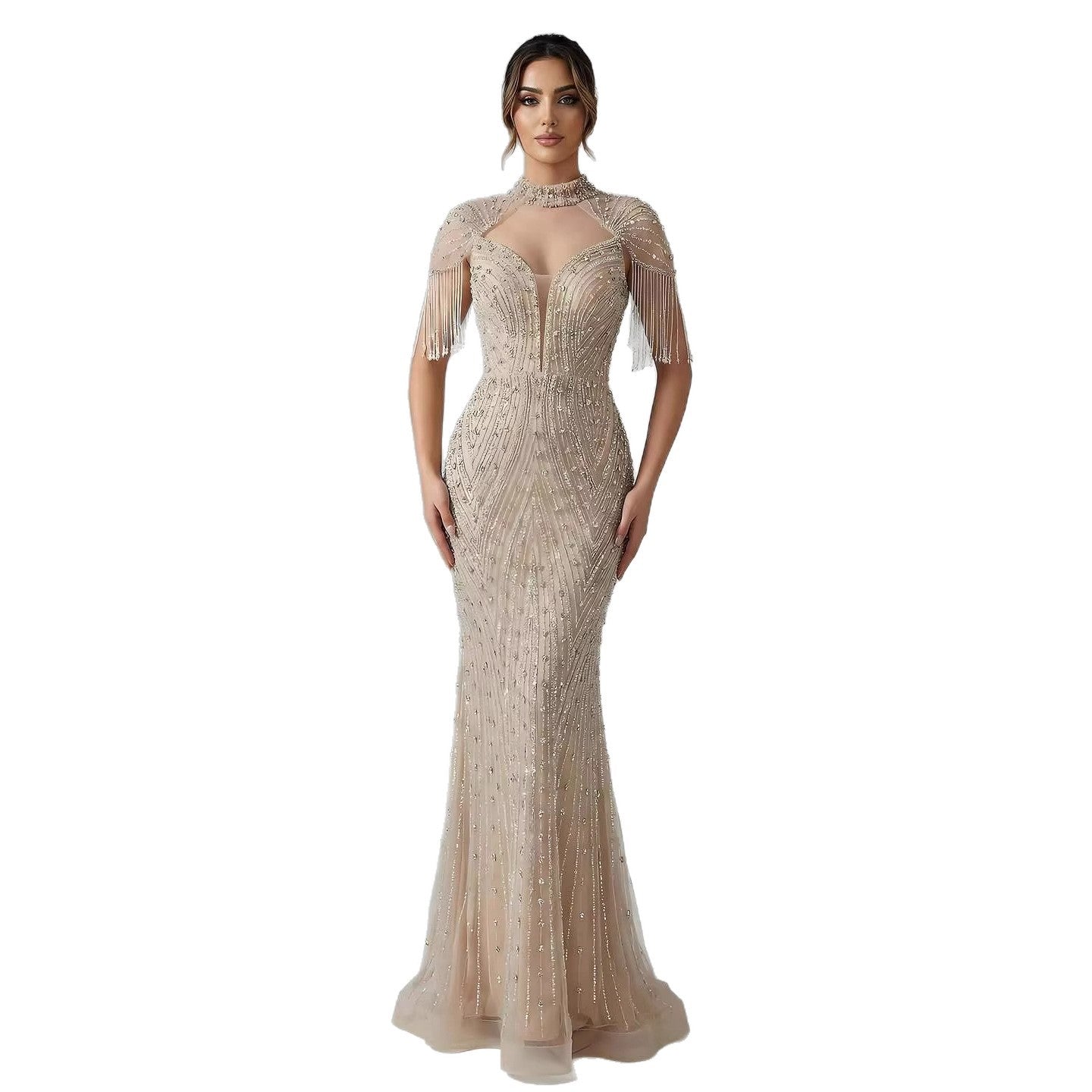 Luxury Arabic Nude Beaded Tassel Mermaid Evening Dress LA73466