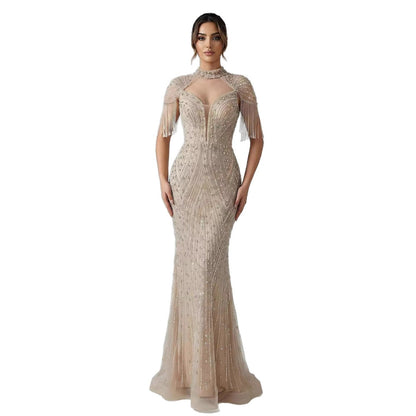 Luxury Arabic Nude Beaded Tassel Mermaid Evening Dress LA73466