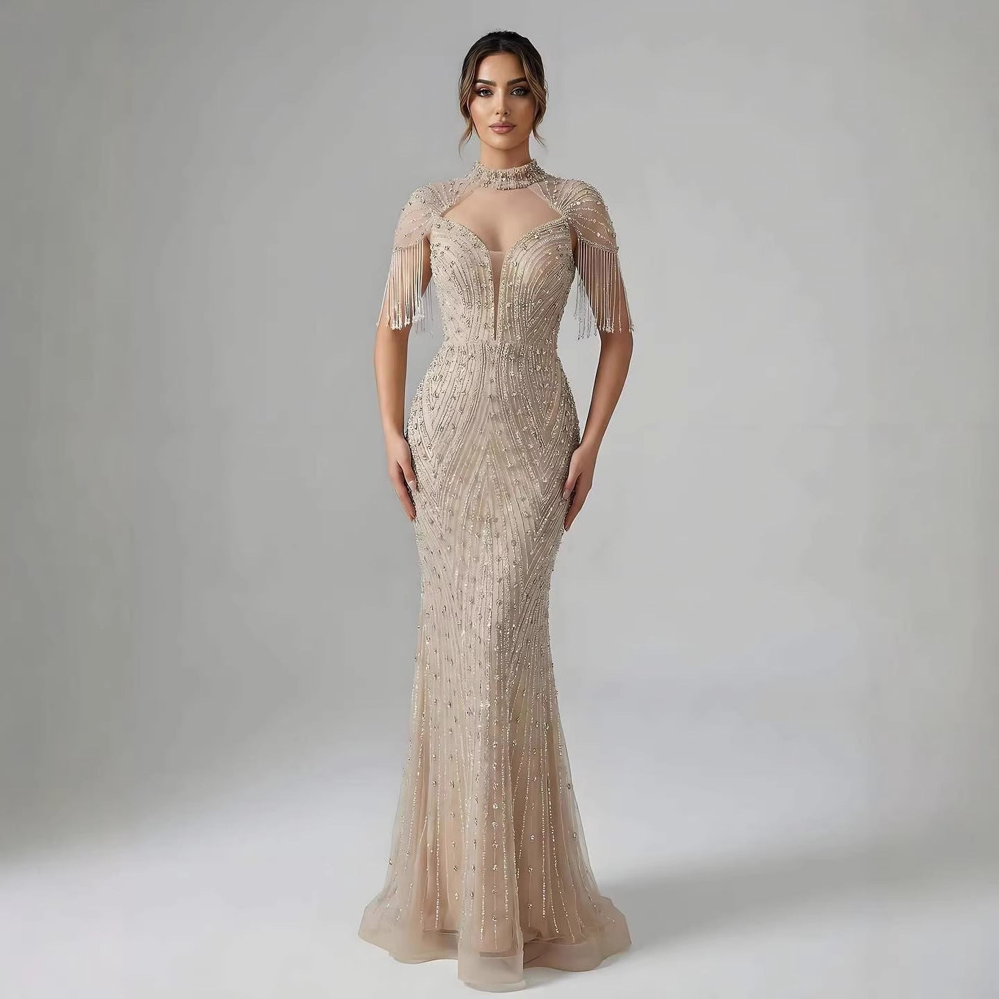 Luxury Arabic Nude Beaded Tassel Mermaid Evening Dress LA73466