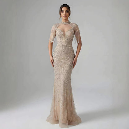 Luxury Arabic Nude Beaded Tassel Mermaid Evening Dress LA73466