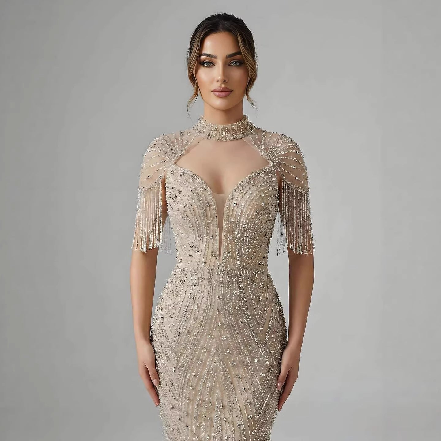 Luxury Arabic Nude Beaded Tassel Mermaid Evening Dress LA73466
