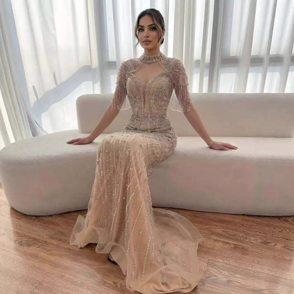 Luxury Arabic Nude Beaded Tassel Mermaid Evening Dress LA73466