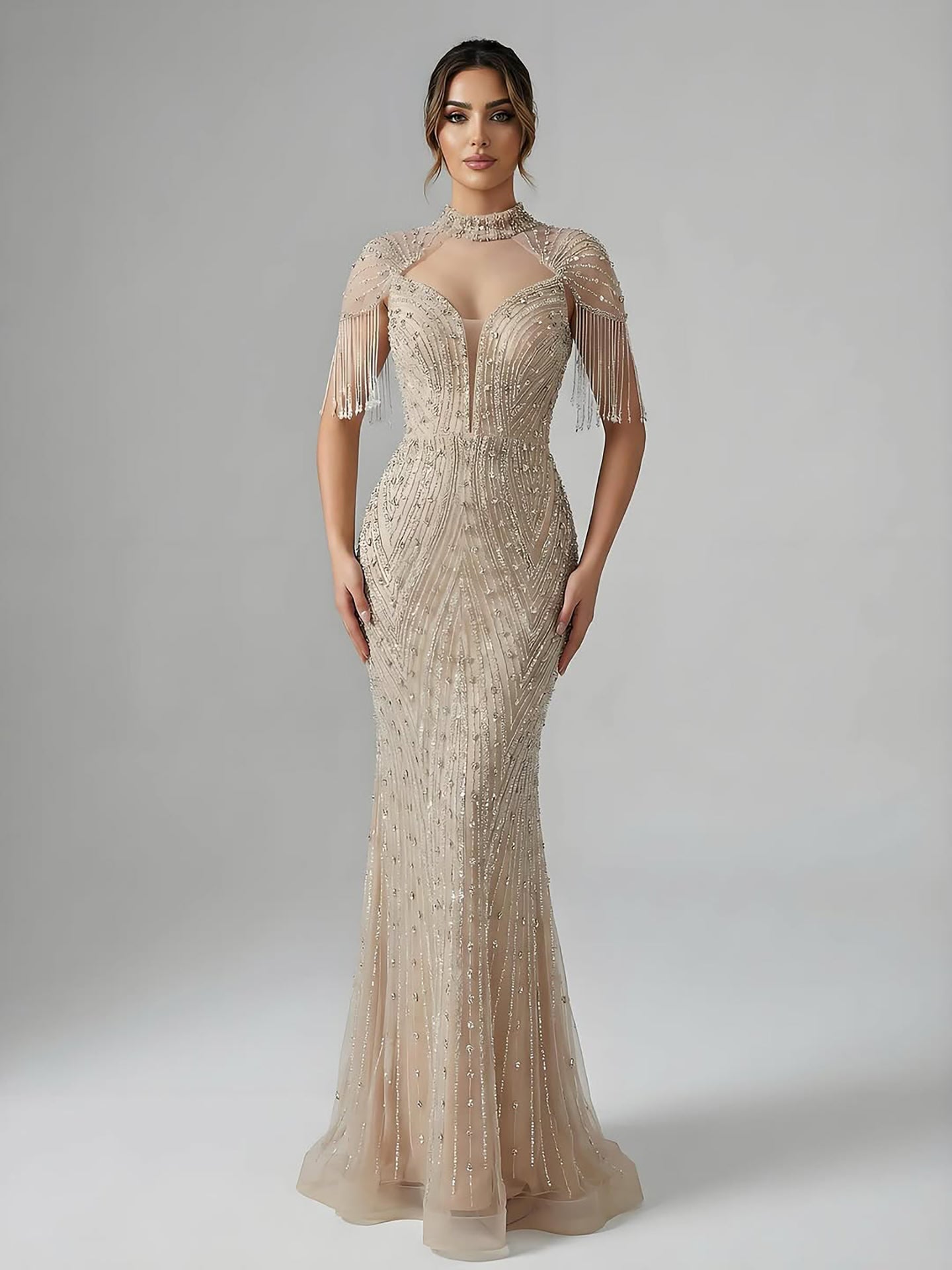 Luxury Arabic Nude Beaded Tassel Mermaid Evening Dress LA73466