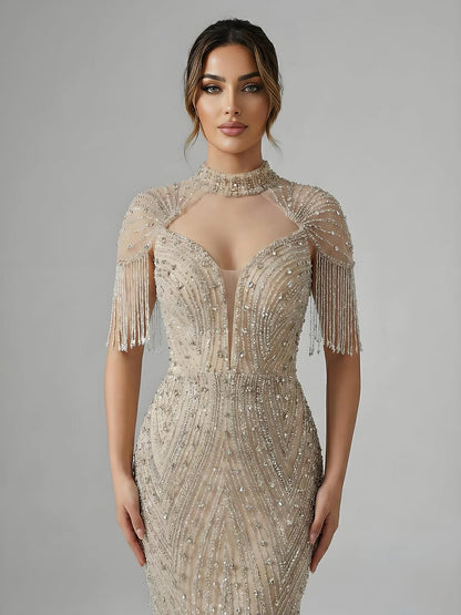 Luxury Arabic Nude Beaded Tassel Mermaid Evening Dress LA73466