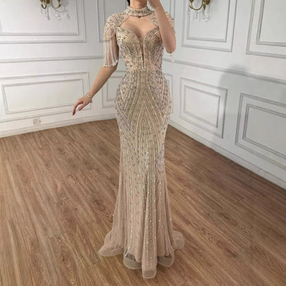 Luxury Arabic Nude Beaded Tassel Mermaid Evening Dress LA73466