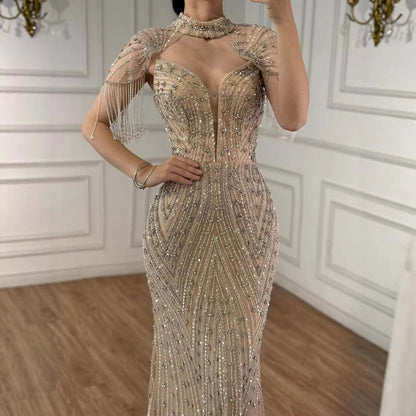 Luxury Arabic Nude Beaded Tassel Mermaid Evening Dress LA73466