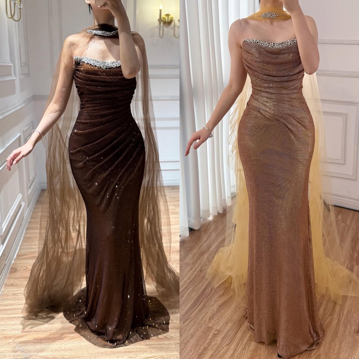 Luxury Gold Strapless Beaded Mermaid Evening Dress with Scarf LA73468