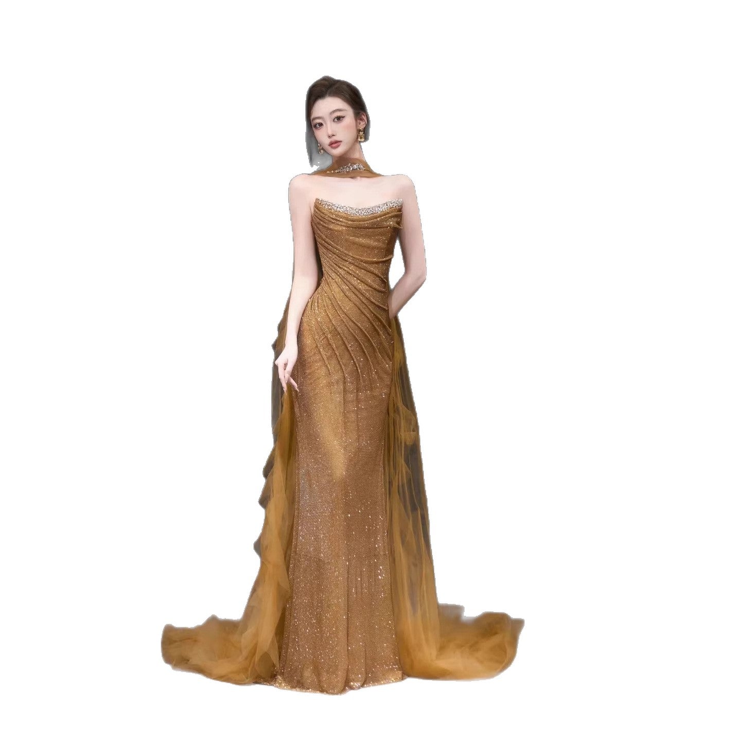 Luxury Gold Strapless Beaded Mermaid Evening Dress with Scarf LA73468
