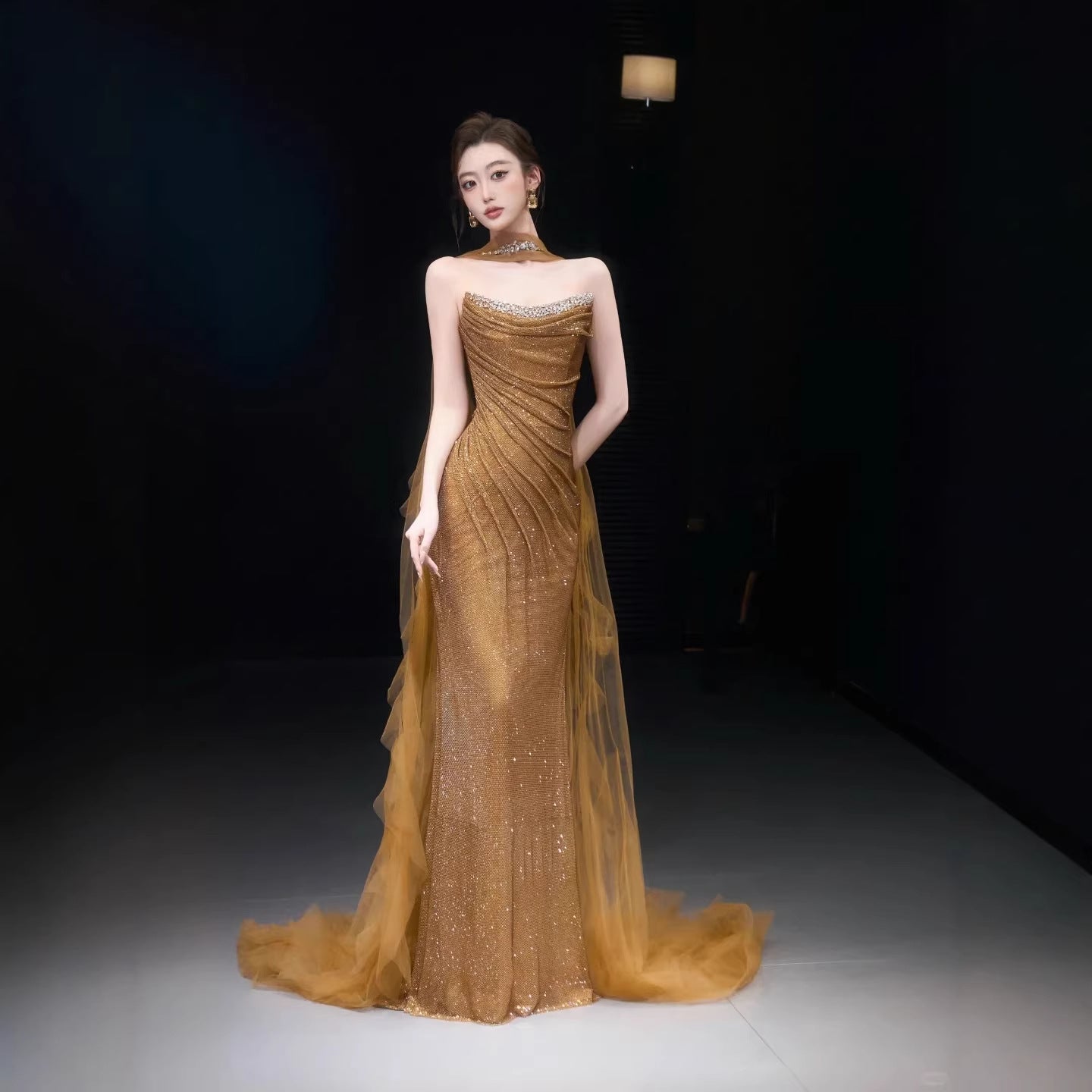 Luxury Gold Strapless Beaded Mermaid Evening Dress with Scarf LA73468