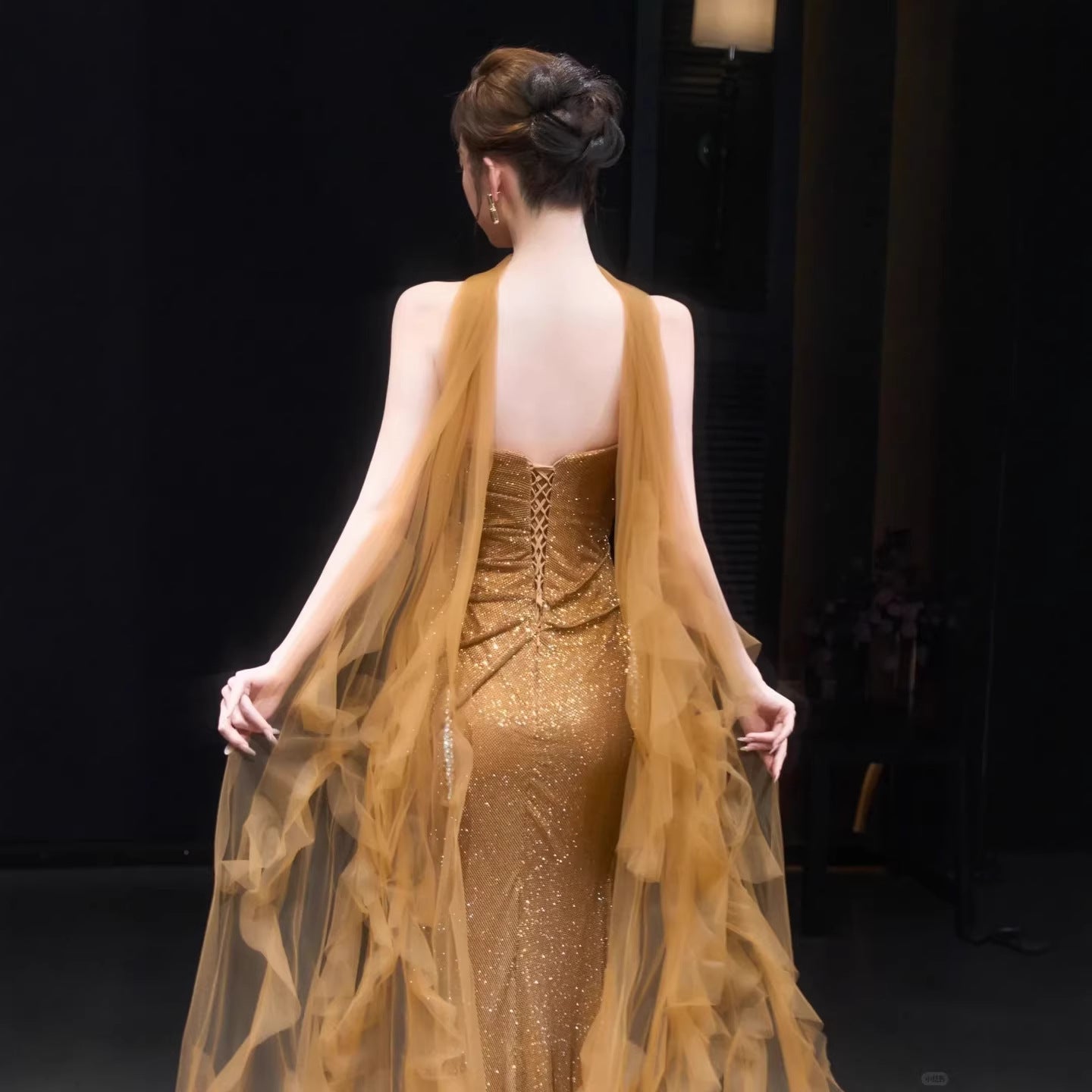 Luxury Gold Strapless Beaded Mermaid Evening Dress with Scarf LA73468