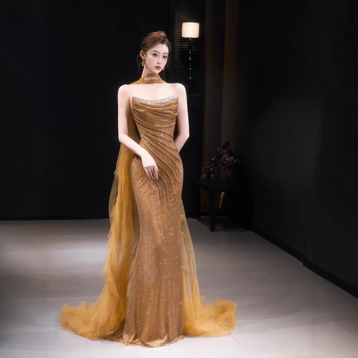 Luxury Gold Strapless Beaded Mermaid Evening Dress with Scarf LA73468