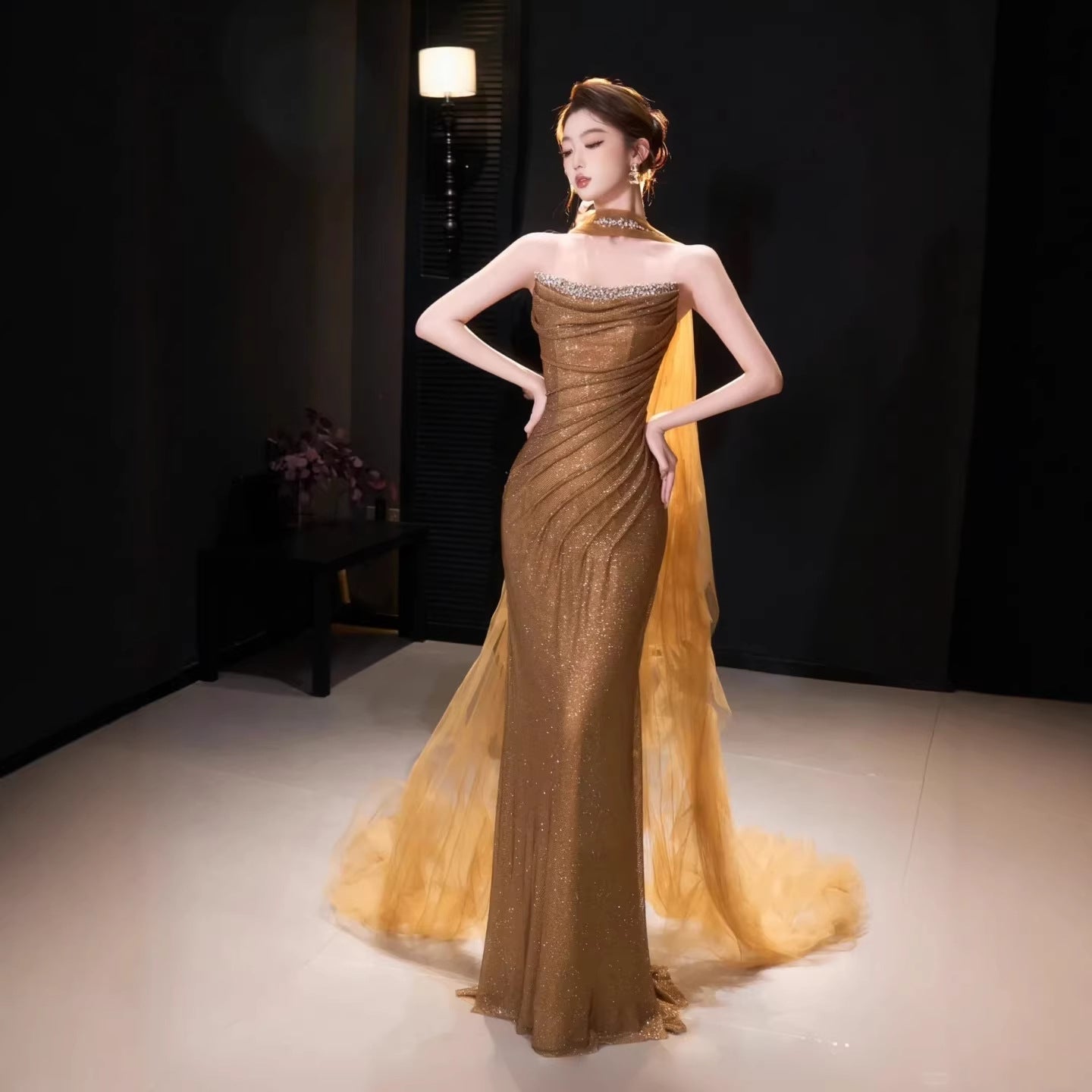 Luxury Gold Strapless Beaded Mermaid Evening Dress with Scarf LA73468