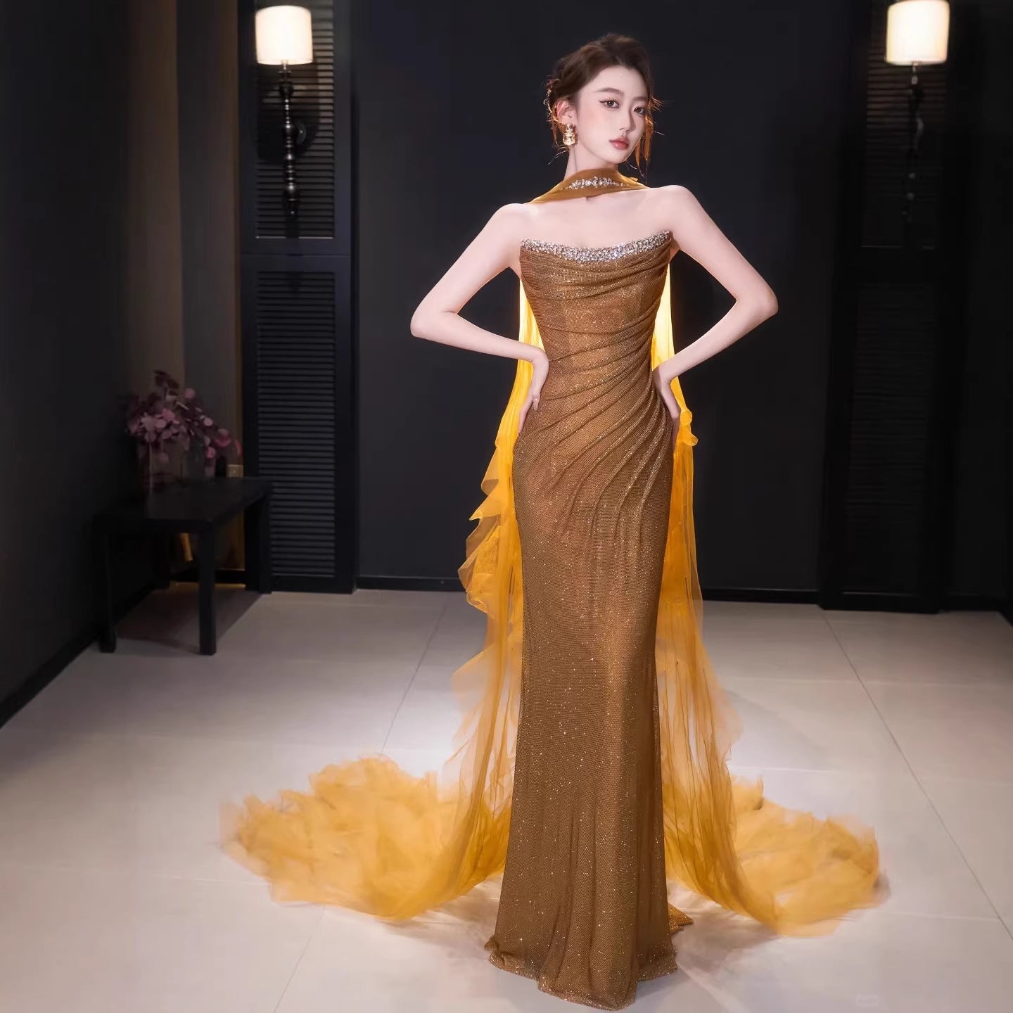 Luxury Gold Strapless Beaded Mermaid Evening Dress with Scarf LA73468