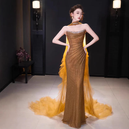 Luxury Gold Strapless Beaded Mermaid Evening Dress with Scarf LA73468