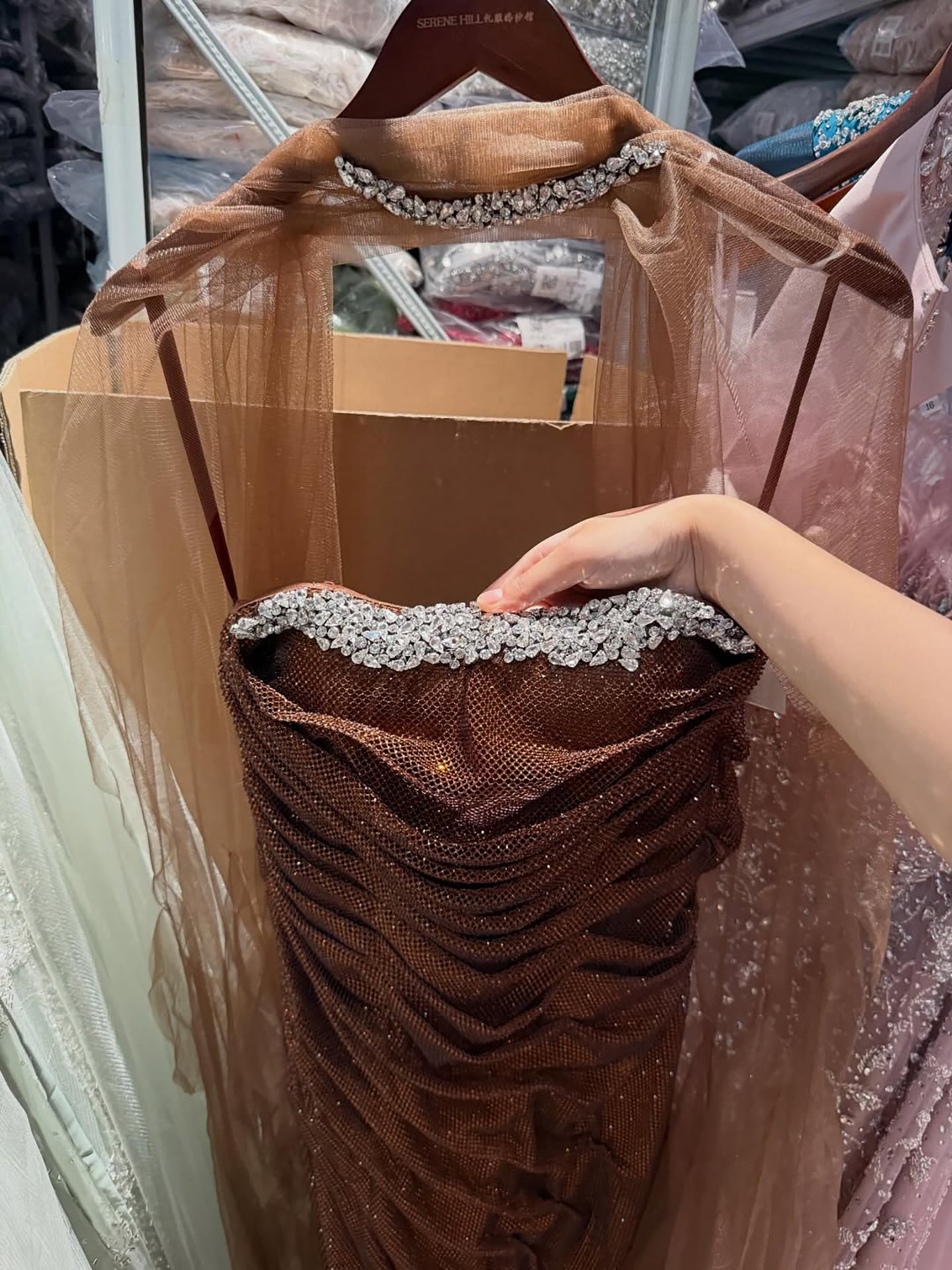 Luxury Gold Strapless Beaded Mermaid Evening Dress with Scarf LA73468
