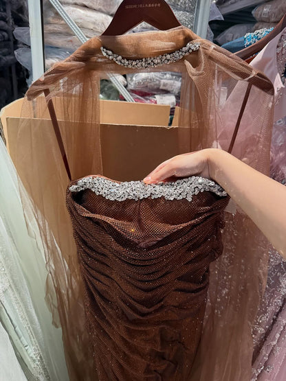 Luxury Gold Strapless Beaded Mermaid Evening Dress with Scarf LA73468