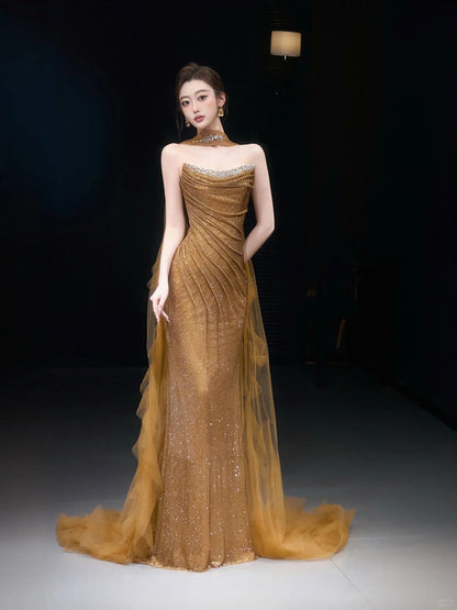 Luxury Gold Strapless Beaded Mermaid Evening Dress with Scarf LA73468
