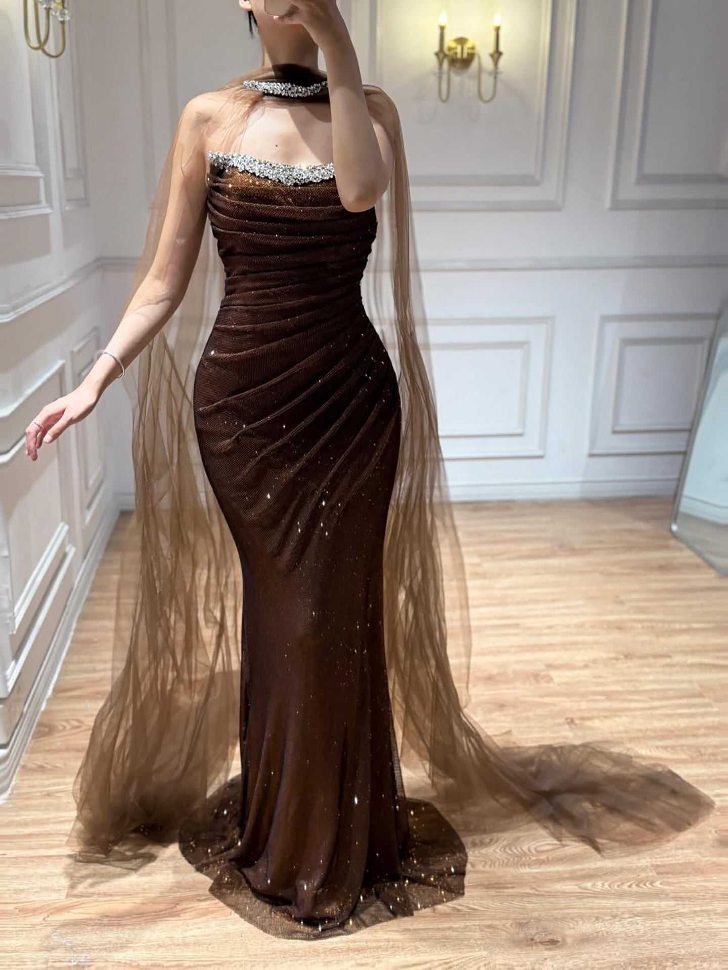 Luxury Gold Strapless Beaded Mermaid Evening Dress with Scarf LA73468