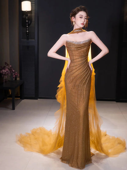 Luxury Gold Strapless Beaded Mermaid Evening Dress with Scarf LA73468
