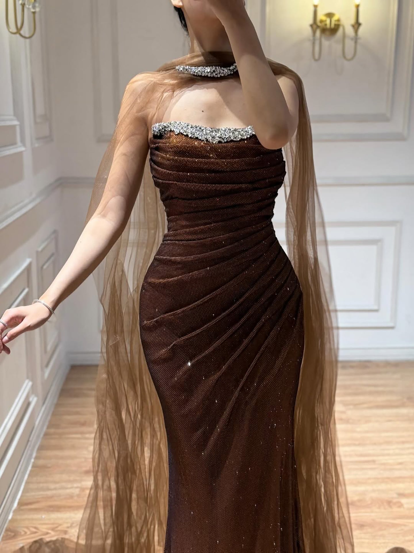 Luxury Gold Strapless Beaded Mermaid Evening Dress with Scarf LA73468