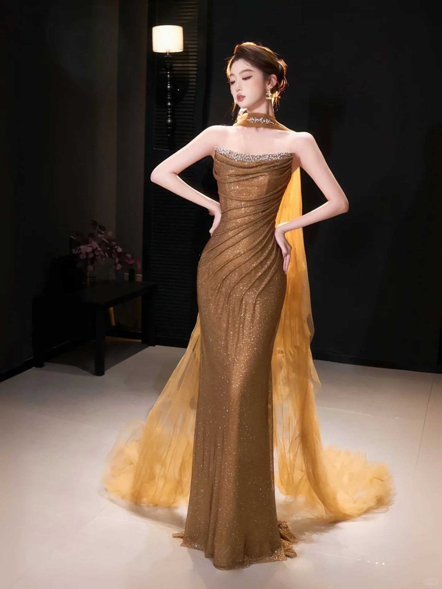 Luxury Gold Strapless Beaded Mermaid Evening Dress with Scarf LA73468