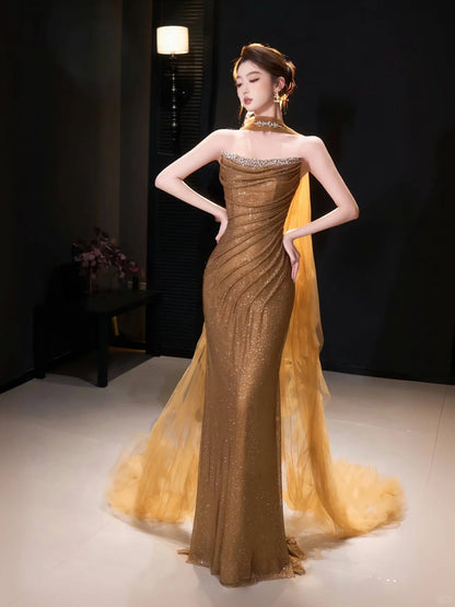 Luxury Gold Strapless Beaded Mermaid Evening Dress with Scarf LA73468