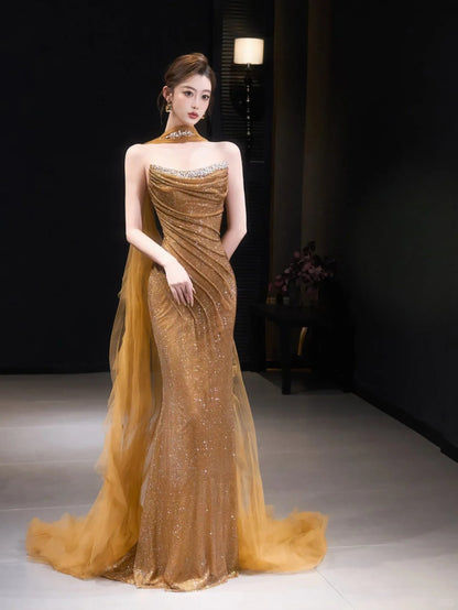 Luxury Gold Strapless Beaded Mermaid Evening Dress with Scarf LA73468