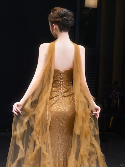 Luxury Gold Strapless Beaded Mermaid Evening Dress with Scarf LA73468
