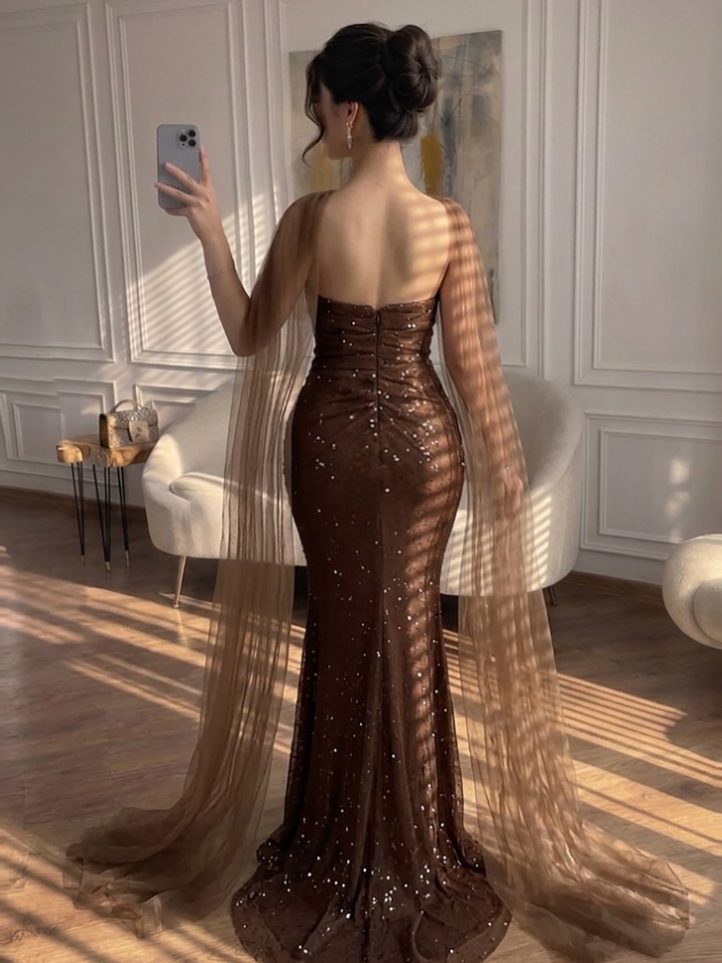 Luxury Gold Strapless Beaded Mermaid Evening Dress with Scarf LA73468