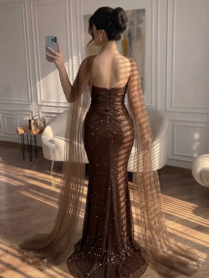 Luxury Gold Strapless Beaded Mermaid Evening Dress with Scarf LA73468