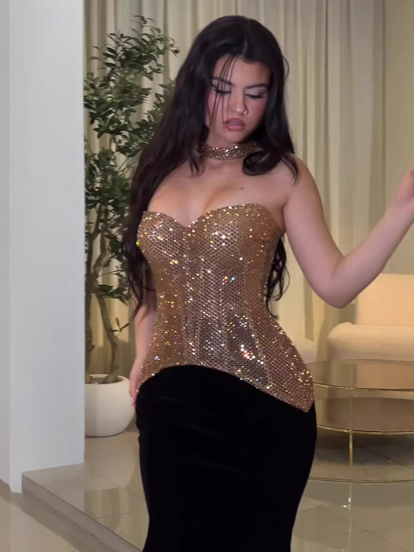 Luxury Gold Strapless Beaded Mermaid Evening Dress With Necklace LA73470