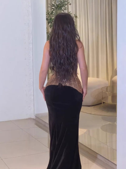 Luxury Gold Strapless Beaded Mermaid Evening Dress With Necklace LA73470