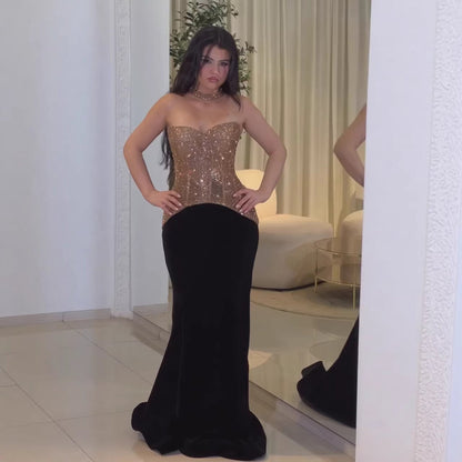 Luxury Gold Strapless Beaded Mermaid Evening Dress With Necklace LA73470