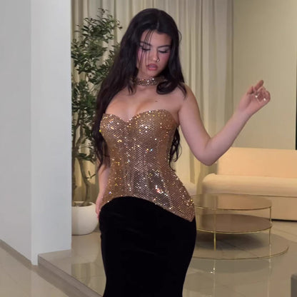 Luxury Gold Strapless Beaded Mermaid Evening Dress With Necklace LA73470