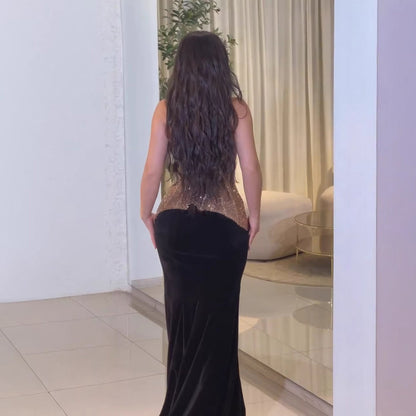 Luxury Gold Strapless Beaded Mermaid Evening Dress With Necklace LA73470