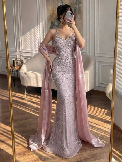 Luxury Blue Diamond Halter Evening Dress With Cape LA73471