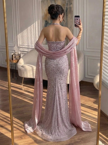 Luxury Blue Diamond Halter Evening Dress With Cape LA73471