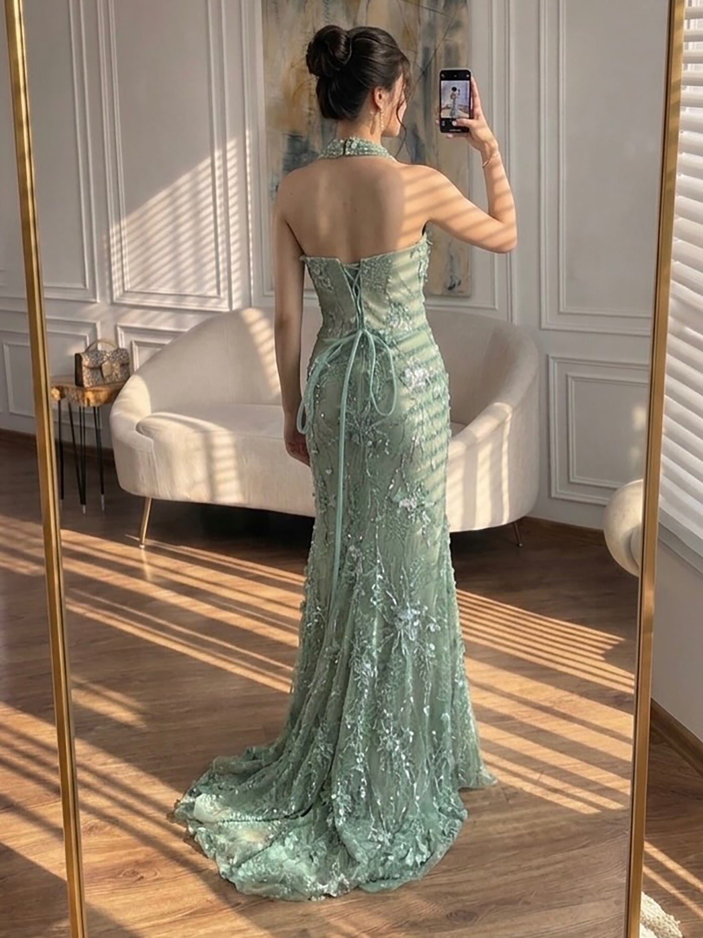 Luxury Sage Green 3D Flower Halter Evening Dress With Slit LA73472