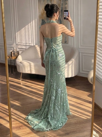 Luxury Sage Green 3D Flower Halter Evening Dress With Slit LA73472